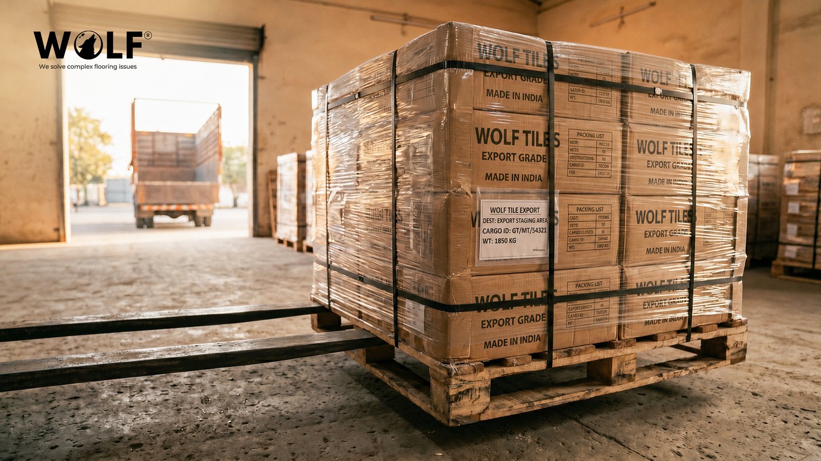 Wolf Tiles export-grade porcelain tile pallets packed and ready for shipment from Morbi India, Wolf Tile Export labelling on boxes destined for European markets