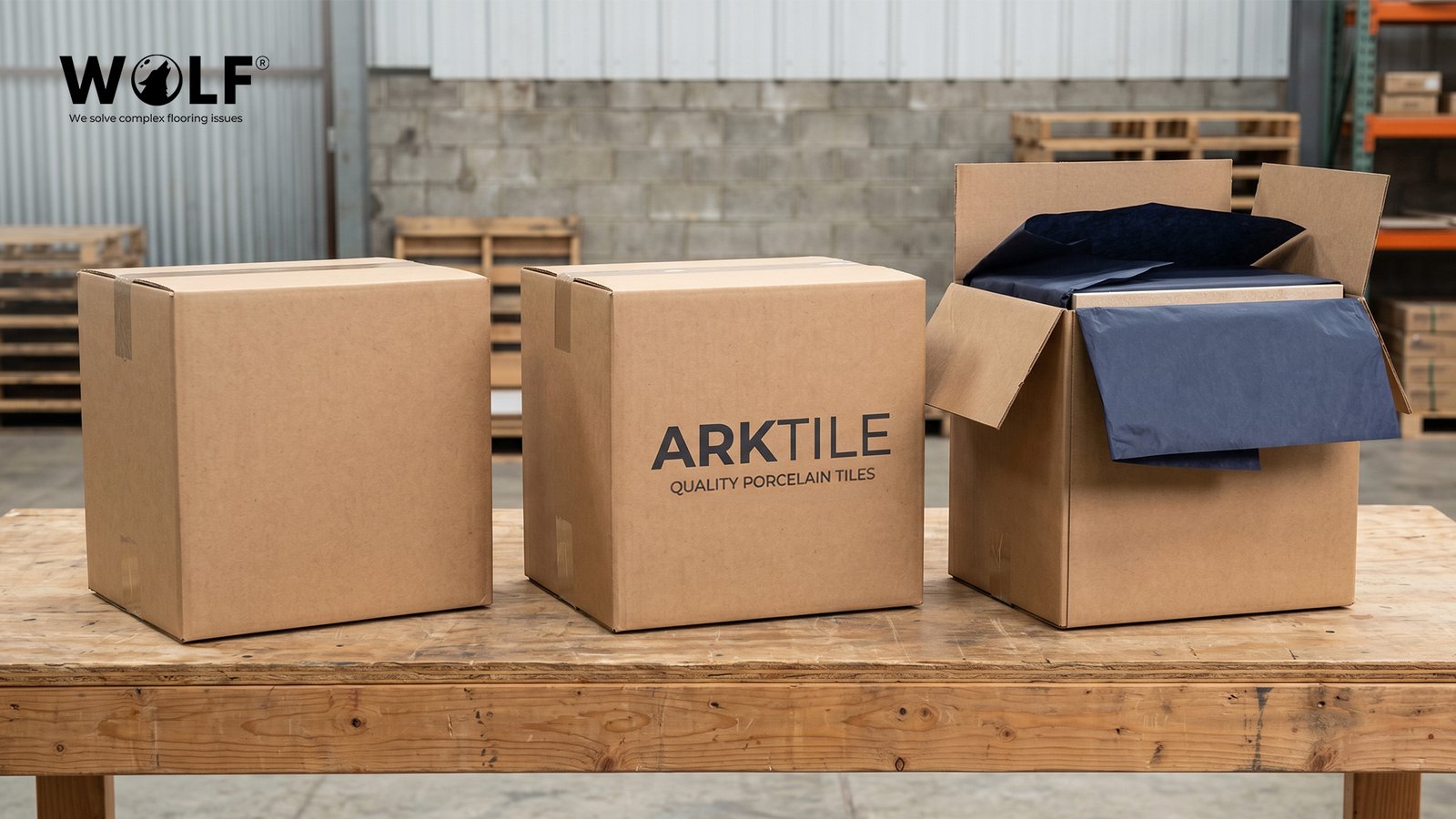 Three tile cartons on a warehouse bench showing the difference between unbranded white label, private label with Arktile brand, and custom-wrapped OEM porcelain tile packaging