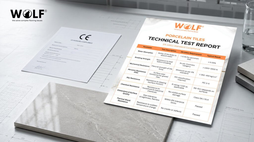 EN 14411 technical test report and CE marking Declaration of Performance for Wolf porcelain tiles