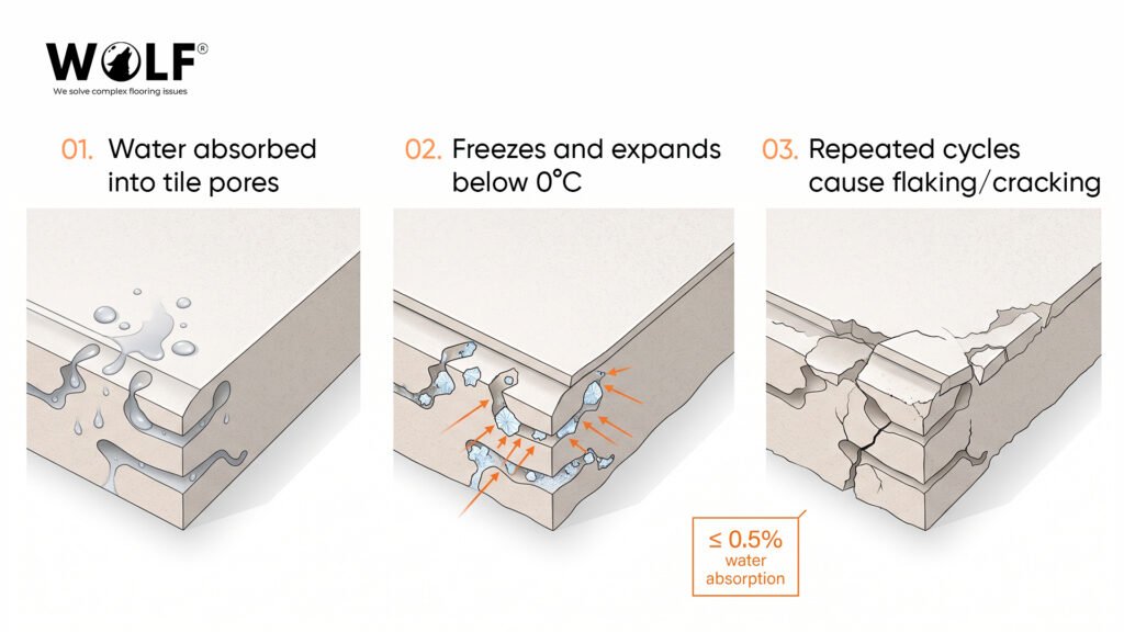 Freeze-thaw cycle diagram showing how water absorption cracks porcelain tiles