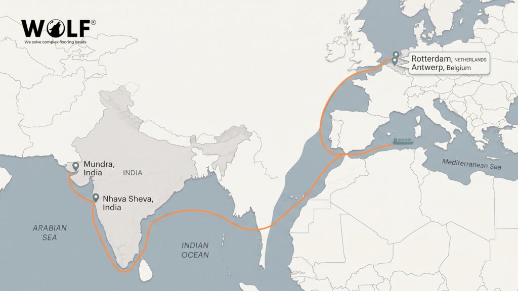 Shipping route for porcelain tiles from Mundra and Nhava Sheva ports in India to Rotterdam, Netherlands and Antwerp, Belgium