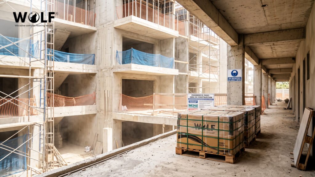 Wolf Group porcelain tile pallets staged at a residential construction site in the Dominican Republic
