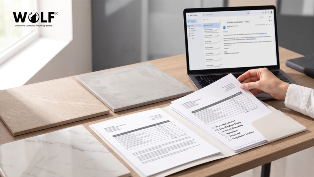 Porcelain tile export documentation, samples and supplier coordination on a desk
