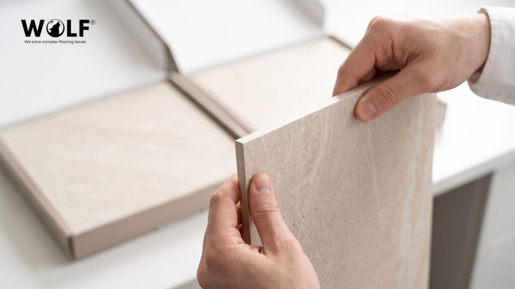 Buyer inspecting porcelain tile edge and surface for batch consistency and sizing