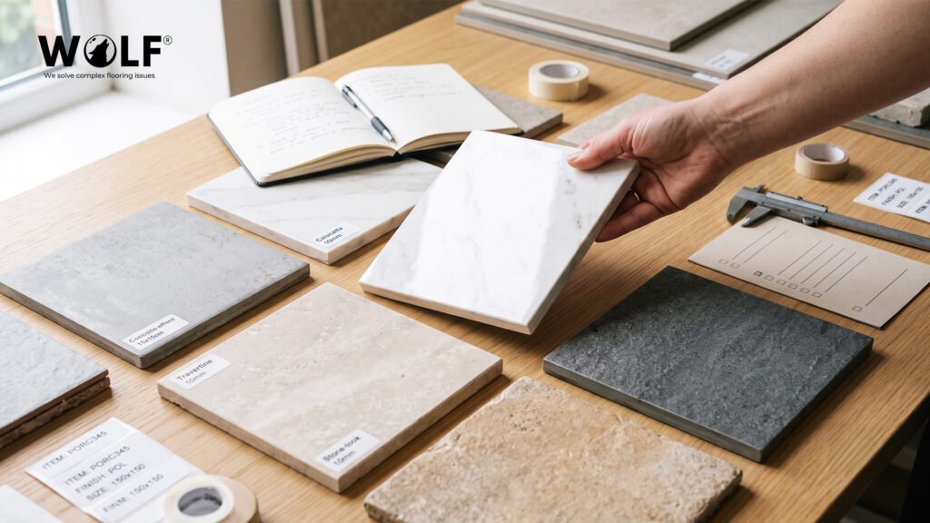 Buyer inspecting porcelain tile samples in marble, concrete and stone finishes before import