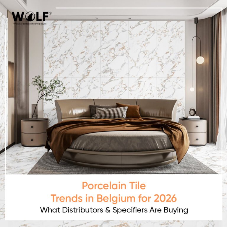 Porcelain tile trends in Belgium 2026, marble-look feature wall bedroom by Wolf