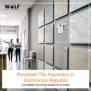 Porcelain tiles Dominican Republic importers reviewing sample wall at a Caribbean showroom