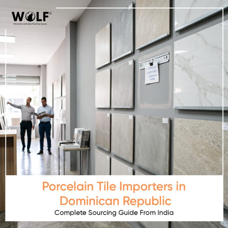 Porcelain tiles Dominican Republic importers reviewing sample wall at a Caribbean showroom