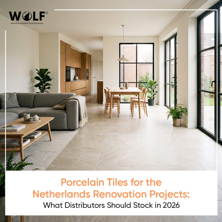 Open-plan Dutch living space with large-format matte porcelain floor tiles in a 2026 renovation