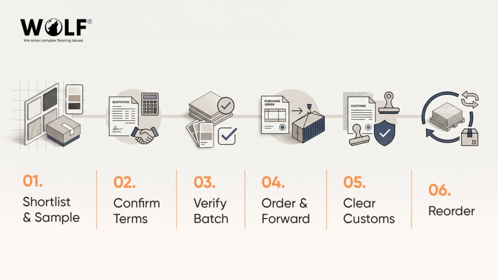 Six-step process for sourcing porcelain tiles from Morbi India to the Netherlands: shortlist, confirm terms, verify batch, order, clear customs, reorder