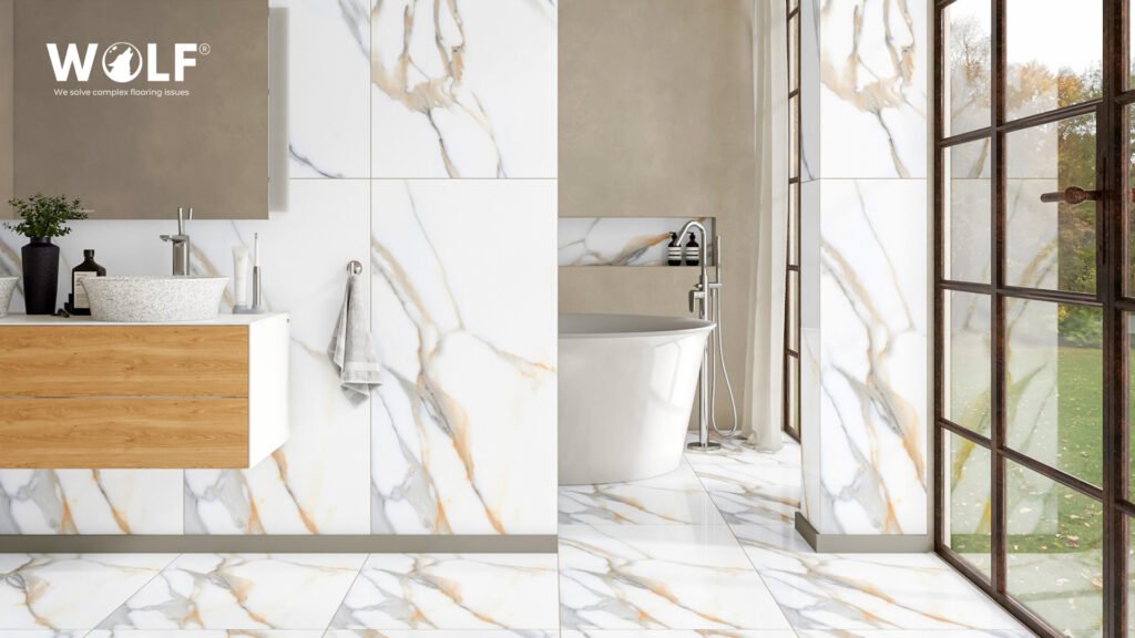 Wolf Statuario marble-look porcelain tile in a Belgian bathroom, wall and floor