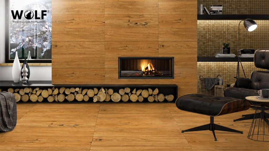 Wolf wood-look porcelain tile with realistic grain in a Belgian living room