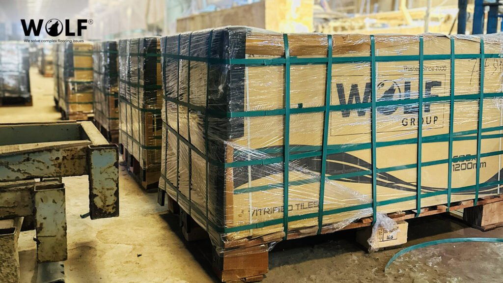 Wolf 600x1200mm porcelain tiles strapped on export pallets ready for shipping from Morbi